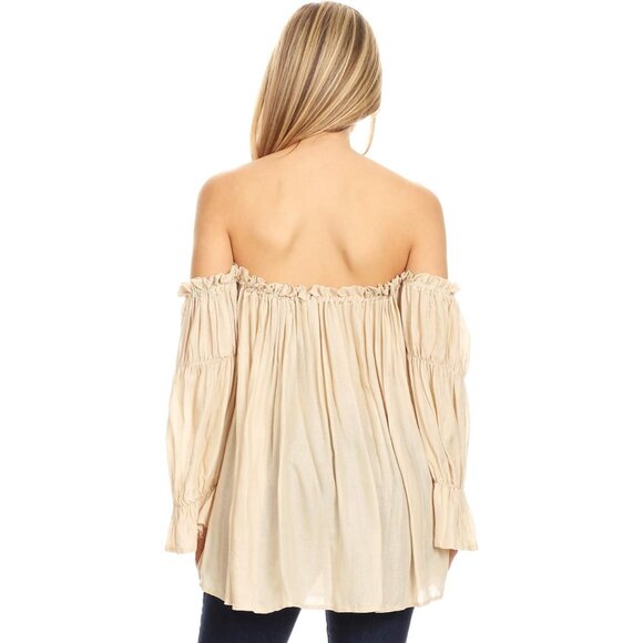 Women's Boho Sheer Peasant Top Off Shoulder Long Sleeve Casual Flowy - Picture 2 of 6